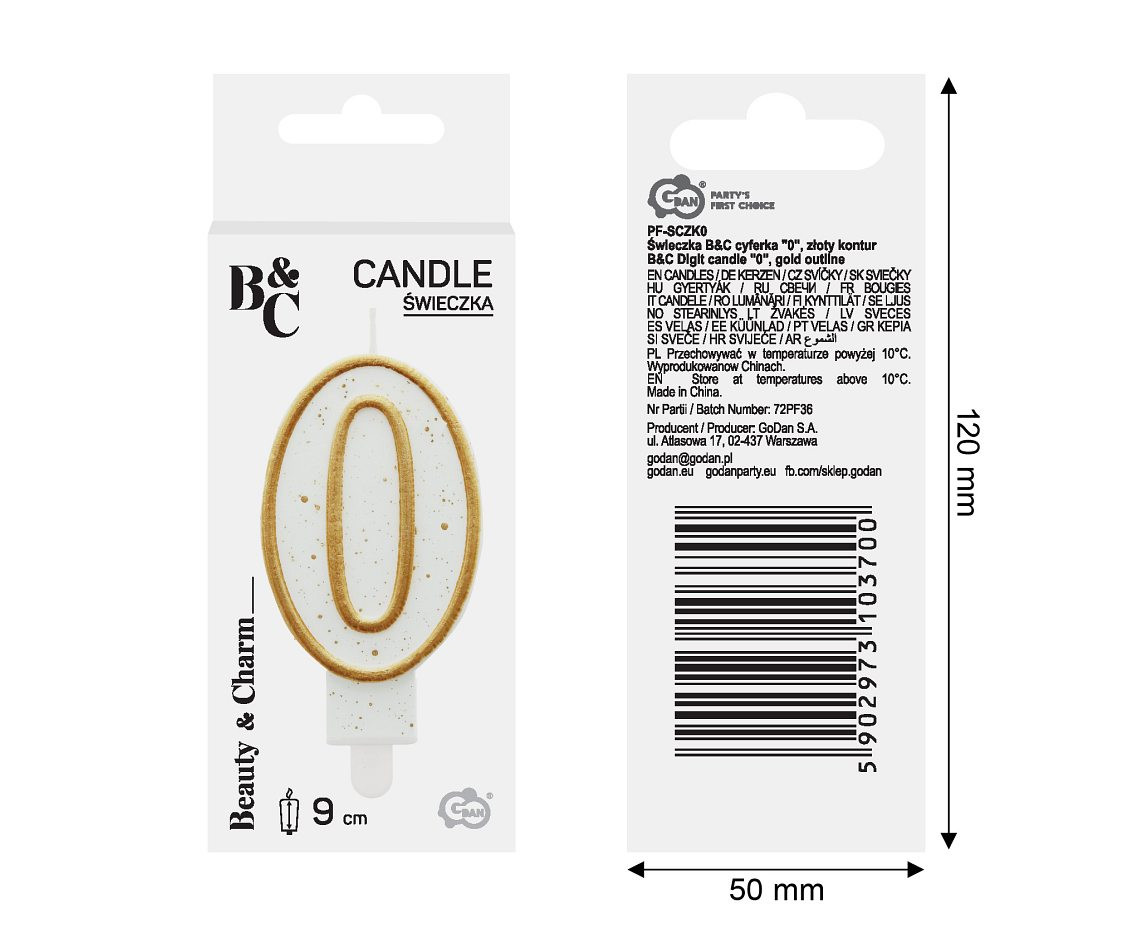 Digit candle "0", gold outline, 8 cm